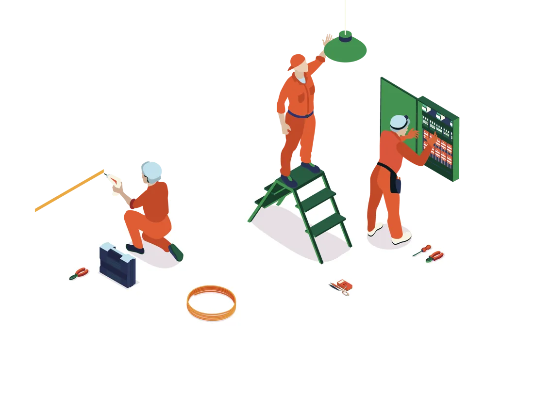 Three Woza pros in orange overalls at work: one fixing a light, one at a DB board, one drilling a wall.