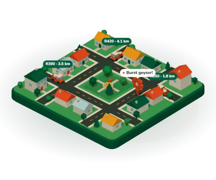 A small isometric neighbourhood. A Woza pin marks a house that needs help, and orange bakkies drive in with offers.